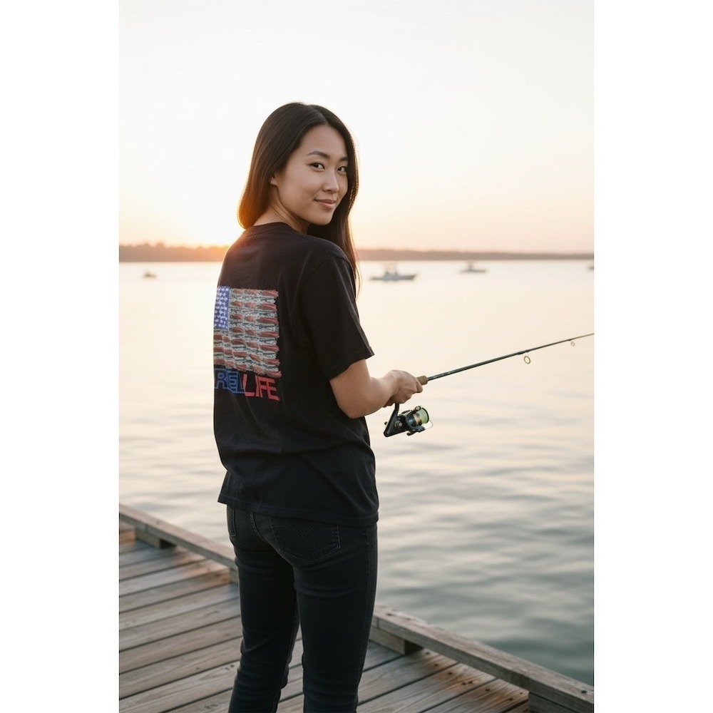 Reel Life T-Shirt Womens XL Black USA Flag Fishing Lure Graphic Short patriotic
